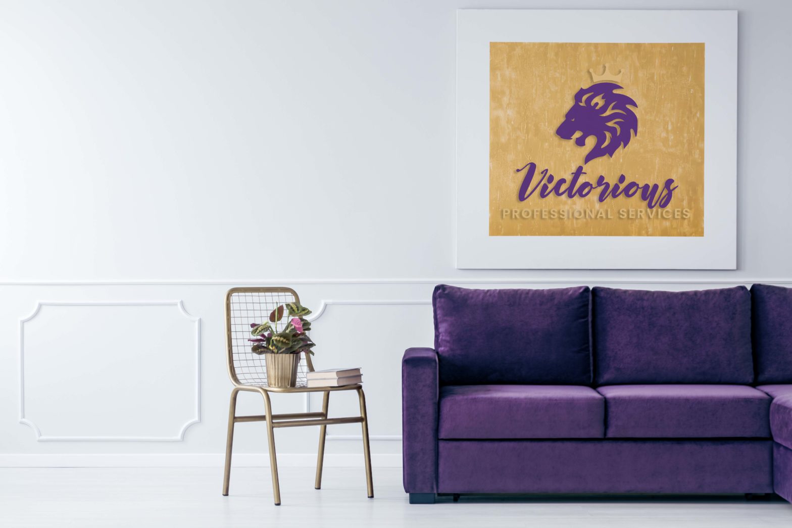 A purple couch and chair in front of a white wall.